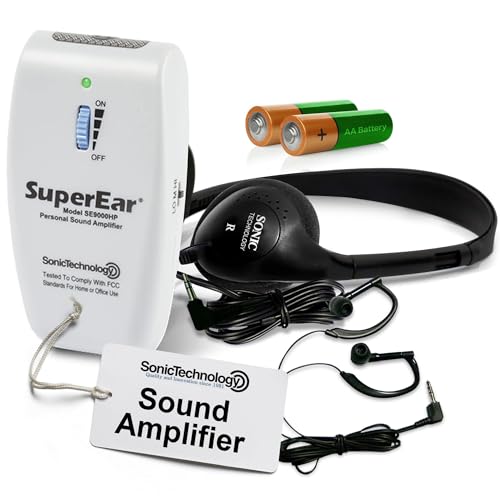 SuperEar Wiederaufladbarer Sound-Verstärker Komplettsystem mit Kopfhörern und Ohrhörern steigert Sound 50 dB, 3-farbige Frequenzauswah von SuperEar