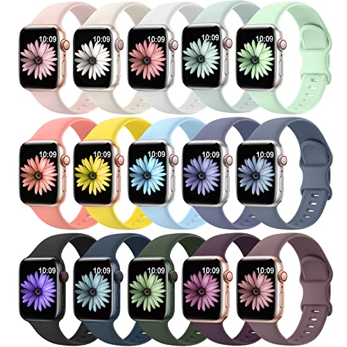 15 Stück weiche Silikon-Armbänder, kompatibel mit Apple Watch, 40 mm, 41 mm, 38 mm, 45 mm, 44 mm, 42 mm, für Damen und Herren, wasserdichte Sport-iWatch-Armbänder für iWatch SE Serie 8, 7, 6, 5, 2, 1 von SuperNaNa