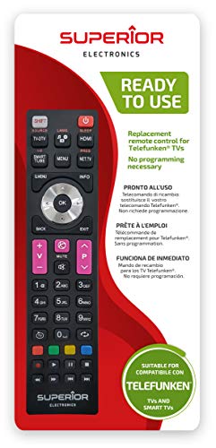 Superior Electronics Ersatzfernbedienung Telefunken - Universalfernbedienung kompatibel mit Telefunken TVs - sofort einsatzbereit ohne Programmierung - perfekt für Smart TVs - Schwarz - SUPTRB016 Superior Electronics Ersatzfernbedienung Telefunken - Universalfernbedienung kompatibel mit Telefunken TVs - sofort einsatzbereit ohne Programmierung - perfekt für Smart TVs - Schwarz - SUPTRB016 von Superior Electronics