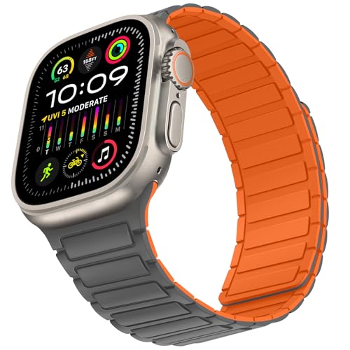 Suphart Armband Kompatibel mit Apple Watch Armband 49mm 45mm 44mm 42mm, Magnetische Ersatzarmband Weiches Silikon Armband für iWatch Ultra 2 Ultra SE Series 9 8 7 6 5 4 3 2 1, Grau Orange von Suphart