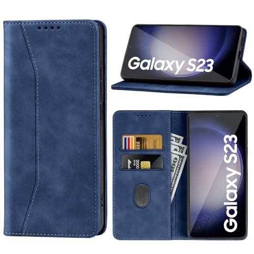 Supore Handyhülle für Samsung Galaxy S23 Leder Hülle Premium Flip Schutzhülle Magnetischer Kartenhalter StänderHülle für Samsung Galaxy S23 5G 6,1''-Blau von Supore