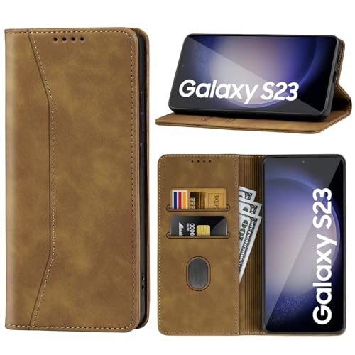 Supore Handyhülle für Samsung Galaxy S23 Leder Hülle Premium Flip Schutzhülle Magnetischer Kartenhalter StänderHülle für Samsung Galaxy S23 5G 6,1''-Braun von Supore