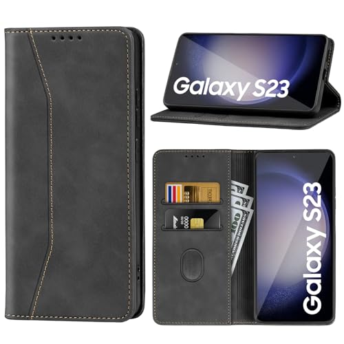 Supore Handyhülle für Samsung Galaxy S23 Leder Hülle Premium Flip Schutzhülle Magnetischer Kartenhalter StänderHülle für Samsung Galaxy S23 5G 6,1''-Schwarz von Supore