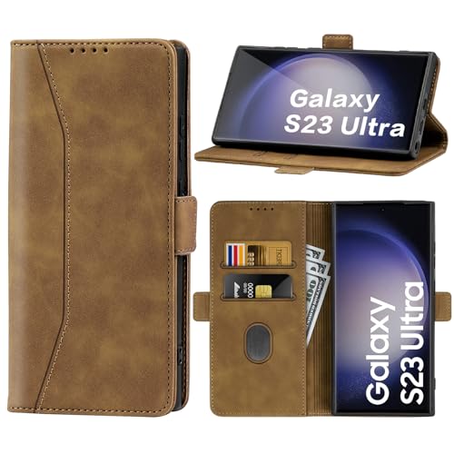 Supore Handyhülle für Samsung Galaxy S23 Ultra Leder Hülle Premium Flip Schutzhülle Magnetischer Kartenhalter StänderHülle für Samsung Galaxy S23 Ultra 5G 6,8''-Braun von Supore