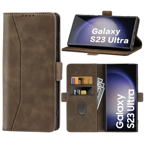 Supore Handyhülle für Samsung Galaxy S23 Ultra Leder Hülle Premium Flip Schutzhülle Magnetischer Kartenhalter StänderHülle für Samsung Galaxy S23 Ultra 5G 6,8''-Kaffee von Supore