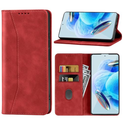 Supore Handyhülle für Xiaomi Redmi Note 12 Pro Leder Hülle Premium Flip Schutzhülle Magnetischer Kartenhalter StänderHülle für Redmi Note 12 Pro 5G 6,67''-Rot von Supore