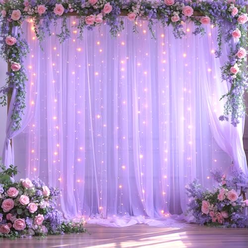 Lavendel-Tüll-Fotohintergrund, Vorhang mit Lichterkette, für Partys, Hochzeit, Brautparty, transparenter Lavendelvorhang, Hintergrund für Geburtstag, Babyparty, Fotokabine, Fotografie, 3 x 3 m Lavendel-Tüll-Fotohintergrund, Vorhang mit Lichterkette, für Partys, Hochzeit, Brautparty, transparenter Lavendelvorhang, Hintergrund für Geburtstag, Babyparty, Fotokabine, Fotografie, 3 x 3 m von Suppromo