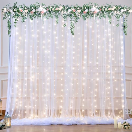 Weißer Tüll-Hintergrundvorhang mit Lichterkette, für Partys, Hochzeit, Brautparty, transparenter weißer Vorhang, Hintergrund für Geburtstag, Babyparty, Fotoautomaten, Hintergrunddekorationen Weißer Tüll-Hintergrundvorhang mit Lichterkette, für Partys, Hochzeit, Brautparty, transparenter weißer Vorhang, Hintergrund für Geburtstag, Babyparty, Fotoautomaten, Hintergrunddekorationen von Suppromo