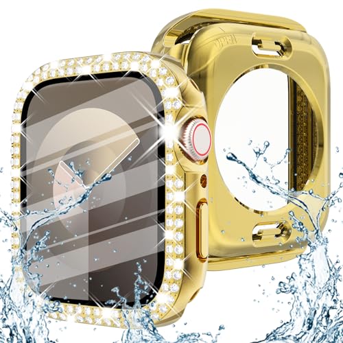 Surace 2-in-1-Schutzhülle für Apple Watch Serie 6/5/4/SE, 44 mm, über 100 Kristalldiamanten mit Displayschutzfolie, Vorder- und Rückseite, vollständiger Schutz, 44 mm, Gold von Surace