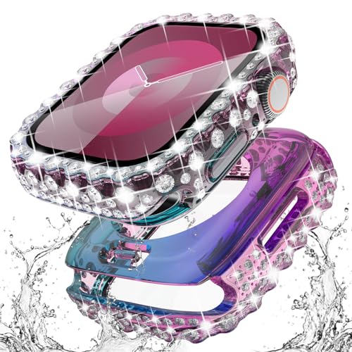 Surace 2 in 1 wasserdichte Bling Hülle kompatibel für Apple Watch Serie 9 Serie 8 Serie 7 41 mm Displayschutzfolie, Spitzenkante Diamant Schutz Bumper Face Cover für iWatch Zubehör Frauen, Regenbogen von Surace