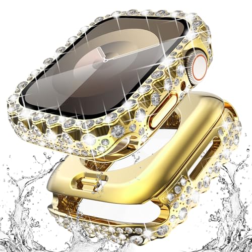 Surace 2-in-1 wasserdichte Bling Hülle kompatibel für Apple Watch Serie 9 Serie 8 Serie 7 45 mm Displayschutzfolie, Spitzenkante Diamant Schutz Bumper Face Cover für iWatch Zubehör Frauen 45 mm, Gold von Surace