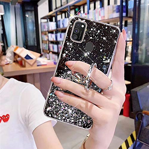 Glitzer Hülle für Samsung Galaxy M21 Hülle Silikon,Bling Diamant Ring Ständer Glänzend Kristall Strass Schutzhülle Durchsichtig TPU Silikon Handyhülle Case Tasche für Galaxy M21,Schwarz von Surakey