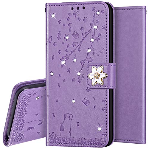 Surakey PU Leder Hülle für Samsung Galaxy A5 2016 Handyhülle Schutzhülle Strass Diamant Glänzend Bling Glitzer Kirschblüte Blumen Muster Tasche Leder Flip Case Brieftasche Klapphülle Handytasche, Lila von Surakey