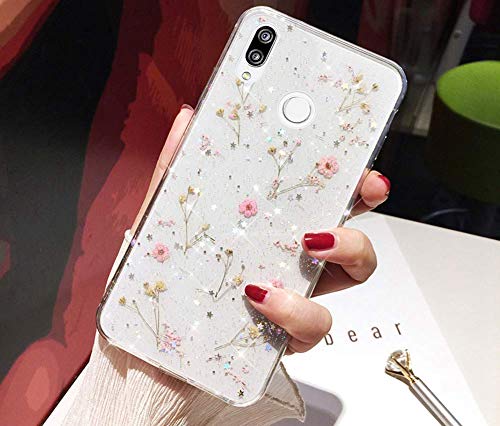 Surakey Schutzhülle für Huawei P20 Lite, Schutzhülle für Huawei P20 Lite, Bling Glitter, getrocknete Pailletten, echte Blumen, transparent, weich, TPU, Silikon, Bumper, Schutzhülle [ultraleicht], Rosa von Surakey