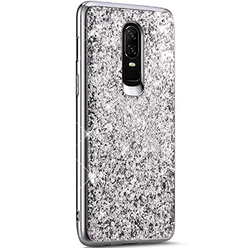 Surakey kompatibel mit OnePlus 6 Hülle Glitzer Schutzhülle,Glänzend Glitzer Strass TPU Silikon Bumper Handyhülle Stoßfest Hart PC Hülle Case Schale Tasche Für OnePlus 6,Silber von Surakey