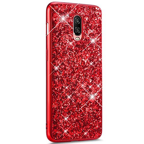 Surakey kompatibel mit OnePlus 6T Hülle Glitzer Schutzhülle,Glänzend Glitzer Strass TPU Silikon Bumper Handyhülle Stoßfest Hart PC Hülle Case Schale Tasche Für OnePlus 6T,Rot von Surakey