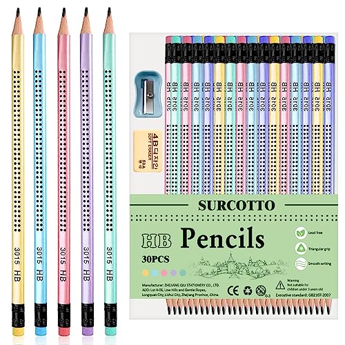 Surcotto Bleistifte HB, 30 Stk HB Bleistifte mit Radiergummi und Spitzer, vorgespitzte Dreiecksstifte zum Schreiben, Zeichnen von Kindern in der Schule und zu Hause, Neue Verpakung von Surcotto