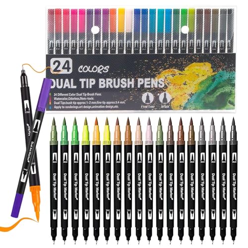 Surcotto Filzstifte Dual Tip Brush & Fineliner Set - Perfekt für Bullet Journal, Malbücher, Handlettering, Manga, Kalligrafie. Geeignet für Kinder und Erwachsene (24) von Surcotto