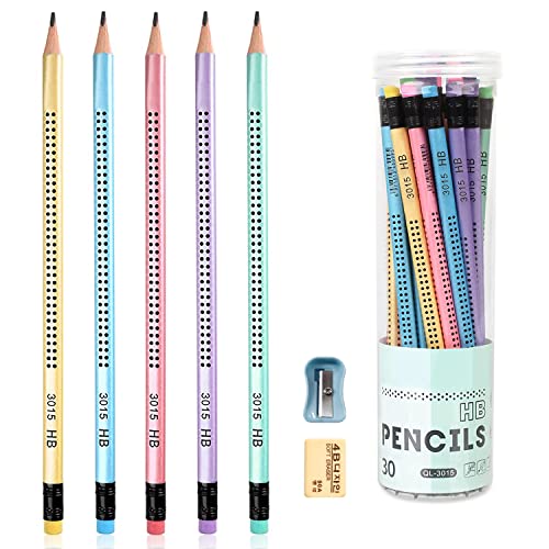 Surcotto HB Bleistifte, 30 HB Bleistifte mit Radiergummi und Spitzer, vorgespitzte Dreiecksstifte zum Schreiben und Zeichnen von Kindern in der Schule und zu Hause (Blau) von Surcotto