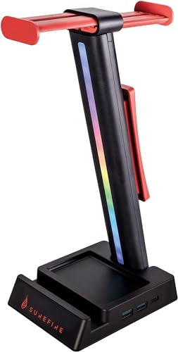 SureFire Vinson N2 Multifunktions-Headset-Ständer Schwarz, Halter für 2 Gaming Kopfhörer, Headset Stand mit RGB Beleuchtung & USB-Hub (USB-A + USB-C + 3,5mm Audio), 28cm Halterung von SureFire