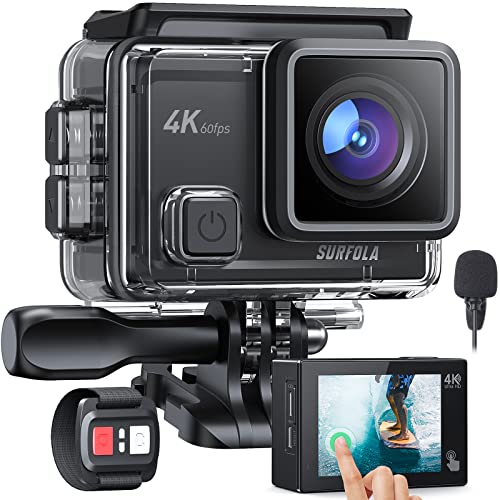 Action Kamera 4K 60FPS - Touchscreen Unterwasserkamera zum Schnorcheln mit EIS WiFi, Helmkamera mit externem Mikrofon, Fernbedienung, zwei 1350mAh Akkus und Zubehör-Kit von Surfola