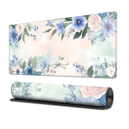Surwin Mauspad Groß,Blume Muster Mouse Pad Gaming Office Mousepad Mauspads Gaming Mat Pad rutschfest Schreibunterlage Laptop - Verbessert Präzision und Geschwindigkeit (400x800mm,Blau Blume) von Surwin