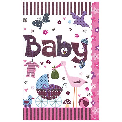 Susy Card 40009834 Grußkarte zur Geburt/ Mädchen "Kinderwagen, Storch", Maße: 17 x 11 x 0, 1 cm von Susy Card