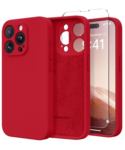 SuydanBox Magnetische Hülle für iPhone 14 Pro, kompatibel mit MagSafe, [Vollständiger Kameraschutz] [Displayschutzfolie] Stoßfeste Silikon-Schutzhülle für iPhone 14 Pro 6,1 Zoll, Tiefrot von SuydanBox