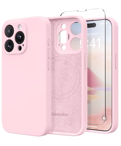 SuydanBox Magnetische Schutzhülle für iPhone 15 Pro, kompatibel mit MagSafe, [vollständiger Kameraschutz] [Displayschutzfolie] Silikon stoßfeste Schutzhülle für iPhone 15 Pro 6,1 Zoll, Kreiderosa von SuydanBox