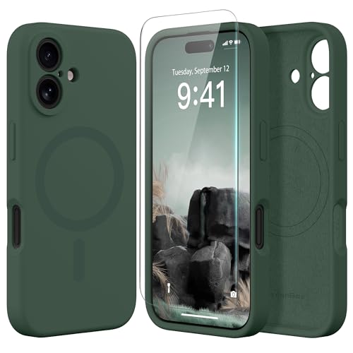 SuydanBox Magnetische Schutzhülle für iPhone 16, kompatibel mit MagSafe, [Vollständiger Kameraschutz] [2 Displayschutzfolien] Silikon Stoßfeste Schutzhülle für iPhone 16 6,1 Zoll, Dunkelgrün von SuydanBox