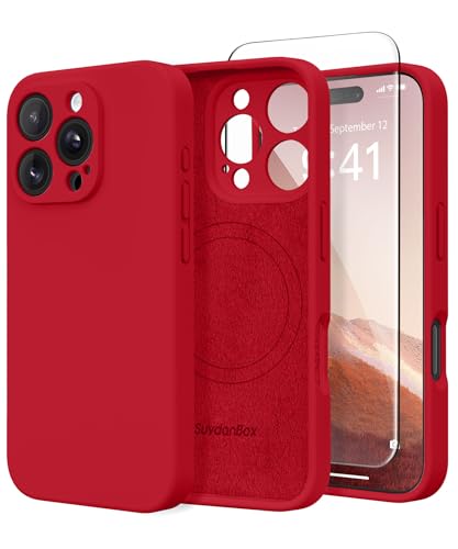 SuydanBox Magnetische Hülle für iPhone 16 Pro Max, kompatibel mit MagSafe, [Vollständiger Kameraschutz] [Displayschutzfolie] Stoßfeste Silikon-Schutzhülle für iPhone 16 Pro Max 6,9 Zoll, Tiefrot von SuydanBox