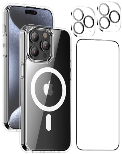 Suzii Ultradünne iPhone 15 Pro Max Hülle Kompatibel mit MagSafe, Magnetische Clear Case [Vergilbungsfreie Technologie] mit 2 Kameralinsenschutz und HD Panzerglas Schutzfolie (15 Pro Max) von Suzii