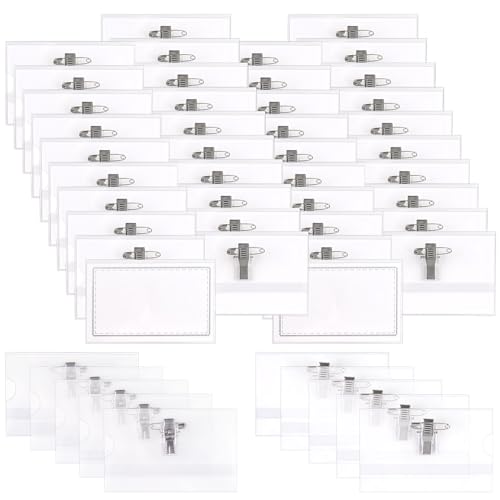 50 Stück Namensschilder, Namensschilder für Kleidung mit Clip und Anstecknadel, PVC Transparent Ausweishülle mit Leere Karte - für Visitenkarten Ausweis ID Karte (58 x 89mm) von Svalor