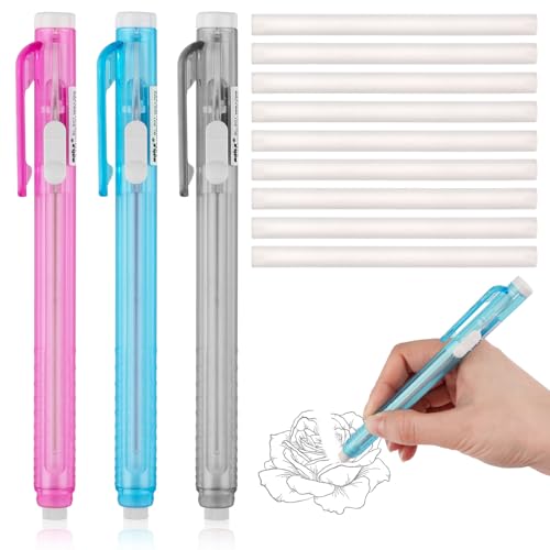 Radiergummi Stift Set im Stiftstil, 3 einziehbare Radierstifte + 9 Refill Radiergummis, nachfüllbarer Präzisionsradierer für Bleistifte Zeichnen, Lernen, Büro von Svalor