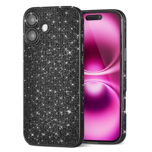 Svanove Für iPhone 16 Plus Hülle Glitzer Diamant, Luxus Sparkle Bling Glänzend Kristall Strass Rand mit Kameraschutz, Dünn Slim Aesthetic Cute Hart Plastik Handyhülle für Frauen, Schwarz von Svanove