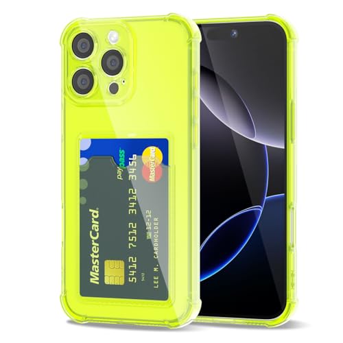 Svanove für iPhone 16 Pro Max Hülle Durchsichtig mit Kartenfach, Transparent Kartenhalter Kameraschutz Handyhülle, Dünn Schutz Silikon Geldbörse Schutzhülle Stoßfest Slim Wallet Case, Neon Grün von Svanove