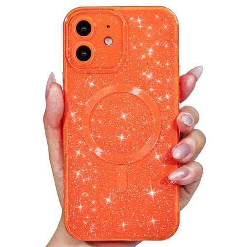 Svanove für iPhone 12 Hülle Glitzer Kompatibel mit Magsafe, Magnetisch Kameraschutz Handyhülle, Niedlich Schutzhülle Bling Gitter Dünn Silikon Stoßfest Weich Case für Frauen Mädchen, Neon Orange von Svanove