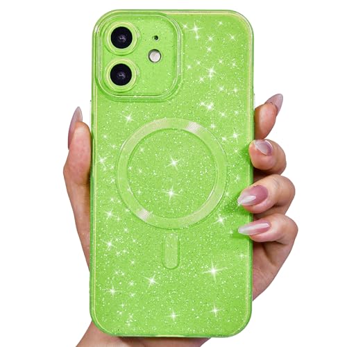 Svanove für iPhone 12 Hülle Glitzer Kompatibel mit Magsafe, Magnetisch Kameraschutz Handyhülle, Niedlich Schutzhülle Bling Gitter Dünn Silikon Stoßfest Weich Case für Frauen Mädchen, Neon Grün von Svanove