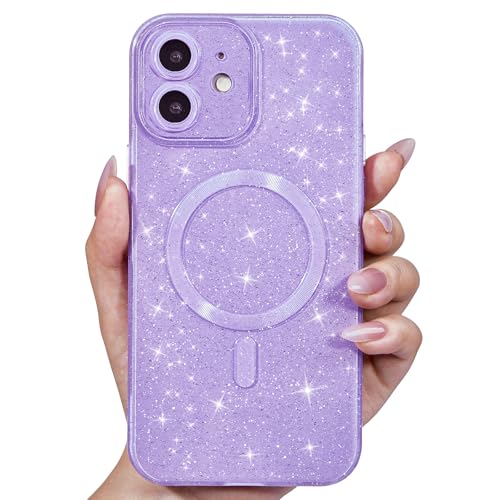 Svanove für iPhone 12 Hülle Glitzer Kompatibel mit Magsafe, Magnetisch Kameraschutz Handyhülle, Niedlich Schutzhülle Bling Gitter Dünn Silikon Stoßfest Weich Case für Frauen Mädchen, Lila Flieder von Svanove