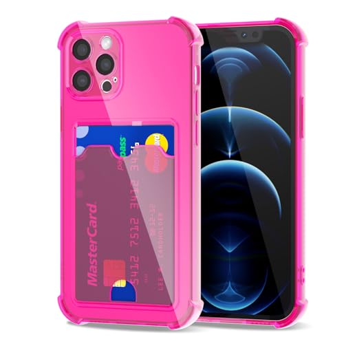 Svanove für iPhone 12 Pro Max Hülle Durchsichtig mit Kartenfach, Transparent Kartenhalter Kameraschutz Handyhülle, Dünn Schutz Silikon Geldbörse Schutzhülle Stoßfest Slim Wallet Case, Neon Pink von Svanove