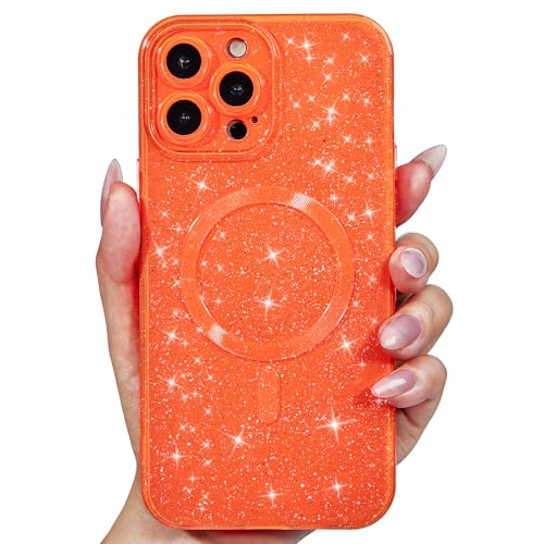 Svanove für iPhone 12 Pro Max Hülle Glitzer Kompatibel mit Magsafe, Magnetisch Kameraschutz Handyhülle, Niedlich Schutzhülle Bling Gitter Dünn Silikon Stoßfest Weich Case für Frauen, Neon Orange von Svanove