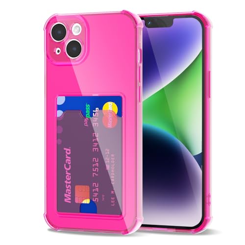 Svanove für iPhone 14 Hülle Durchsichtig mit Kartenfach, Transparent Kartenhalter Kameraschutz Handyhülle, Dünn Schutz Silikon Geldbörse Schutzhülle Stoßfest Slim Wallet Case, Neon Pink von Svanove