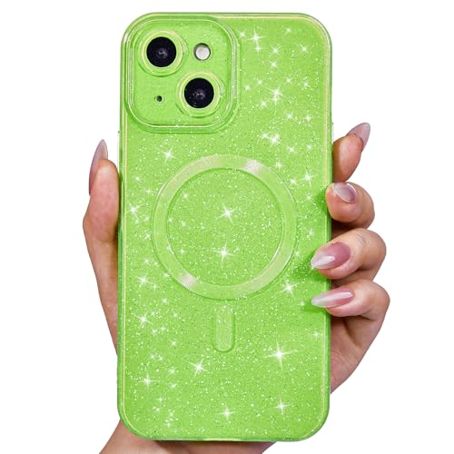 Svanove für iPhone 14 Hülle Glitzer Kompatibel mit Magsafe, Magnetisch Kameraschutz Handyhülle, Niedlich Schutzhülle Bling Gitter Dünn Silikon Stoßfest Weich Case für Frauen Mädchen, Neon Grün von Svanove