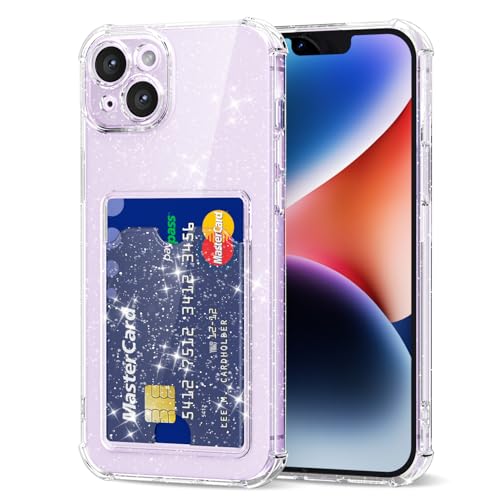 Svanove für iPhone 14 Plus Hülle Durchsichtig mit Kartenfach, Transparent Kartenhalter Kameraschutz Handyhülle, Dünn Schutz Silikon Geldbörse Schutzhülle Stoßfest Slim Wallet Case, Klar Glitzer von Svanove