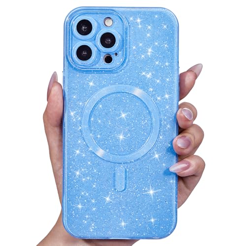 Svanove für iPhone 14 Pro Max Hülle Glitzer Kompatibel mit Magsafe, Magnetisch Kameraschutz Handyhülle, Niedlich Schutzhülle Bling Gitter Dünn Silikon Stoßfest Weich Case für Frauen Mädchen, Hellblau von Svanove