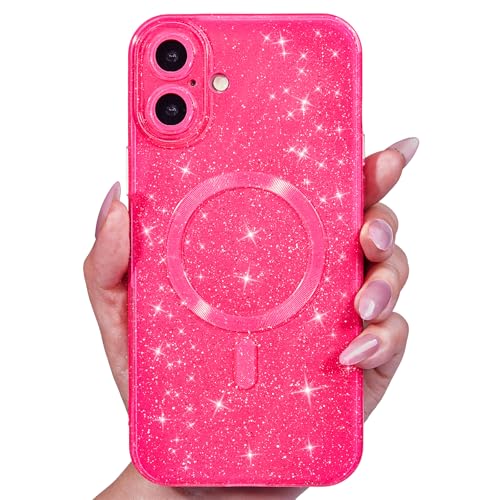 Svanove für iPhone 16 Plus Hülle Glitzer Kompatibel mit Magsafe, Magnetisch Kameraschutz Handyhülle, Niedlich Schutzhülle Bling Gitter Dünn Silikon Stoßfest Weich Case für Frauen Mädchen, Neon Pink von Svanove