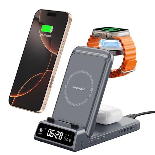 SwanScout 3 in 1 Wireless Ladestation, Drahtlos Tragbarer Ladegerät für iPhone 16/15/14/13 Series, Klappbarer Ladehalter für Apple Watch, für AirPods, SwanScout 703A Tech Grau (Ohne Adapter) von SwanScout