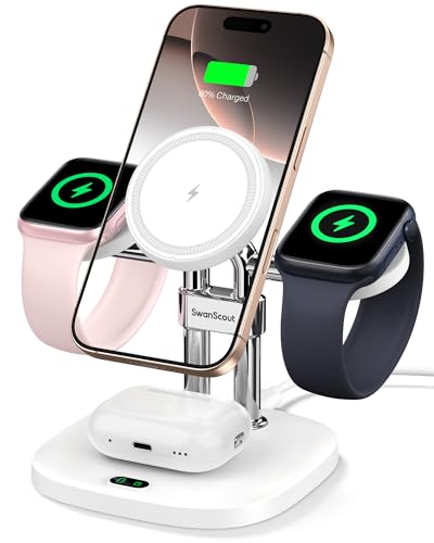 SwanScout 709M Dual Ladestation für Apple Watch, Induktive Ladestation für iPhone 16/15/14/13/12 Serie, Kabelloses Ladegerät für Apple Watch 10/9/8/7/6/5/4/3/2/SE 2&Airpods 4 (White) von SwanScout