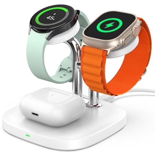 SwanScout Dual Watch Ladestation für iWatch/Galaxy Watch, 3 in 1 Kabellose Ladestation für Apple Watch Ultra 2/9/8/7/6/5/3/2/SE, Galaxy Watch 6/6 Classic/5 Pro/5/4 (Ohne Adapter) von SwanScout