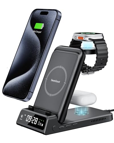 SwanScout Induktive Ladestation für Apple, 4 in 1 Faltbares Kabelloses Ladegerät für iPhone 15 14 13 12 11 Pro Max Plus SE X XS XR, für Apple Watch Ultra 9 8 7 6 SE 5 4 3 2 von SwanScout